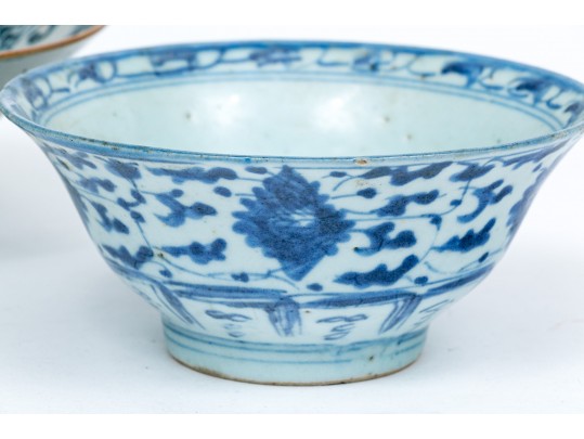 Two Chinese Blue And White Ring Base Porcelain Bowls 