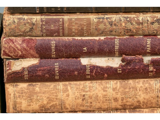 Collection Of 16 Antique Leather Bound Books, Most In French