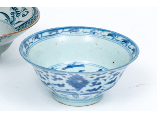 Two Chinese Blue And White Ring Base Porcelain Bowls 