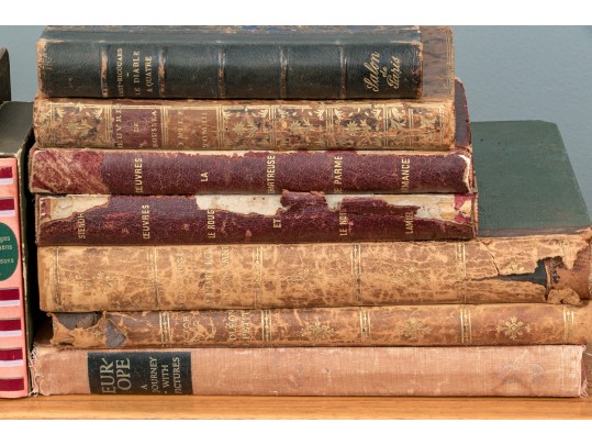 Collection Of 16 Antique Leather Bound Books, Most In French