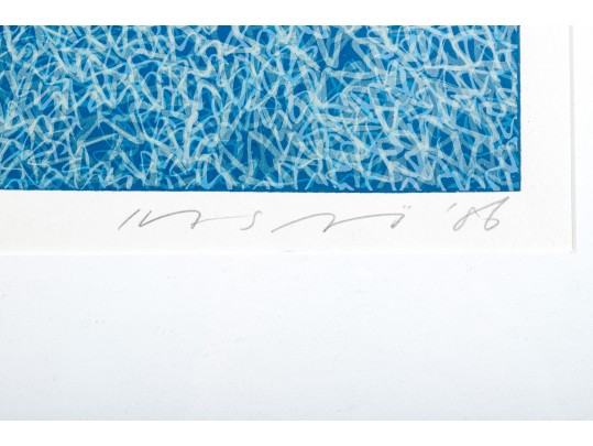 Signed Framed Large Scale 1986 Color Lithograph, Abstract In Blues