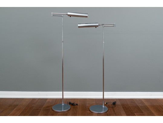 Pair Of Modernist Style Chrome Tone Metal Floor Lamps By Hi Lite