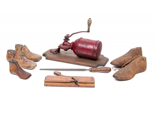 Collection Of Antique Wooden Shoe Maker's Molds And An Antique Coffee Grinder