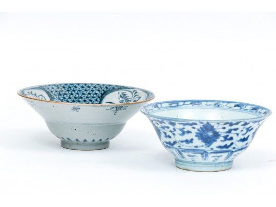 Two Chinese Blue And White Ring Base Porcelain Bowls 