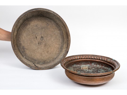 An Antique Copper And A Wooden Bowl