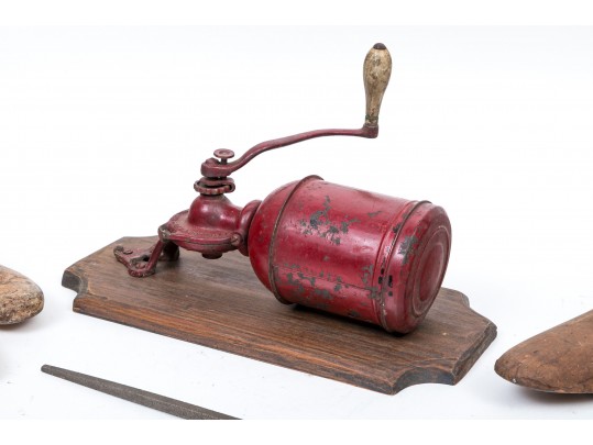 Collection Of Antique Wooden Shoe Maker's Molds And An Antique Coffee Grinder