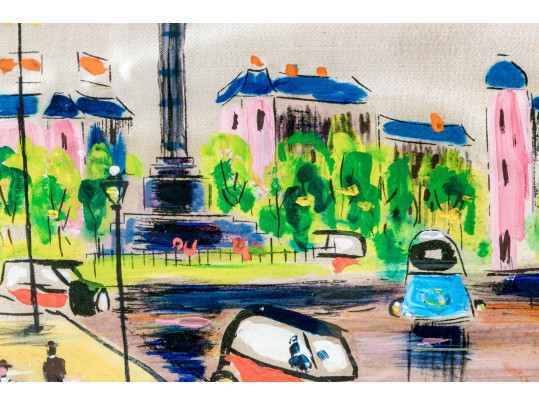 Signed Painting On Satin Fabric, Paris Street Scene