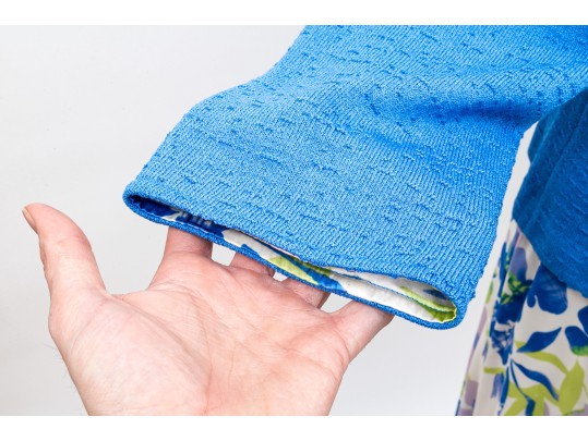 St. John Lovely Blue And Green Toned Knit And Silk Floral Three Piece Ensemble