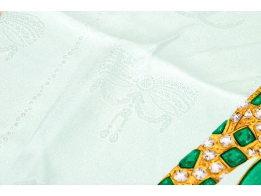 Les Must De Cartier Elegant Green And Blue Silk Panther And Jewelry Motif Scarf
