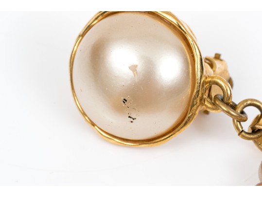 Chanel Faux Pearl Heart Form Pendant Clip Earrings