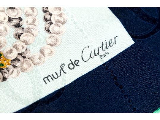 Les Must De Cartier Elegant Green And Blue Silk Panther And Jewelry Motif Scarf