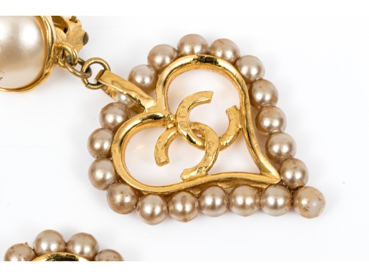 Chanel Faux Pearl Heart Form Pendant Clip Earrings