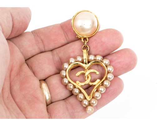 Chanel Faux Pearl Heart Form Pendant Clip Earrings