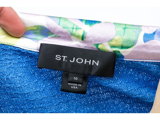 St. John Lovely Blue And Green Toned Knit And Silk Floral Three Piece Ensemble