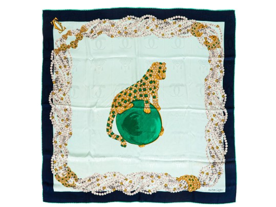 Les Must De Cartier Elegant Green And Blue Silk Panther And Jewelry Motif Scarf