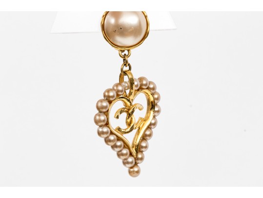 Chanel Faux Pearl Heart Form Pendant Clip Earrings