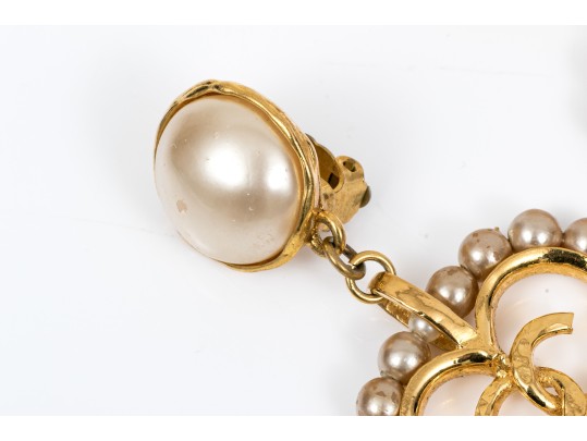 Chanel Faux Pearl Heart Form Pendant Clip Earrings