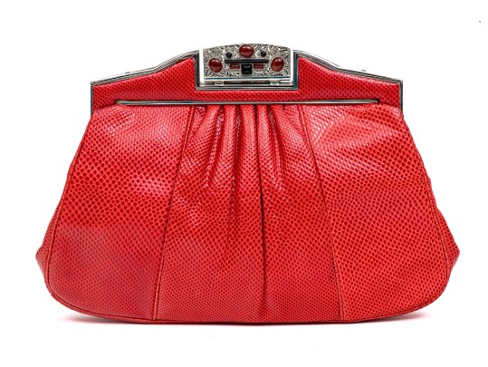 Judith Leiber Stunning Red Pleated Lizard Bejeweled Clutch/shoulder Bag
