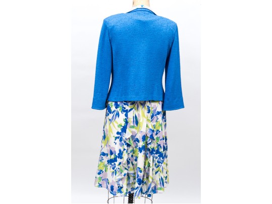 St. John Lovely Blue And Green Toned Knit And Silk Floral Three Piece Ensemble