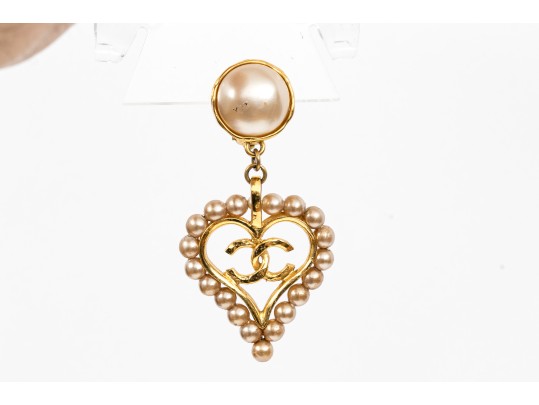 Chanel Faux Pearl Heart Form Pendant Clip Earrings