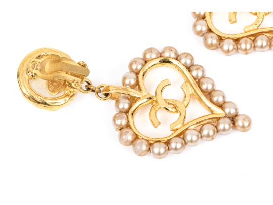 Chanel Faux Pearl Heart Form Pendant Clip Earrings