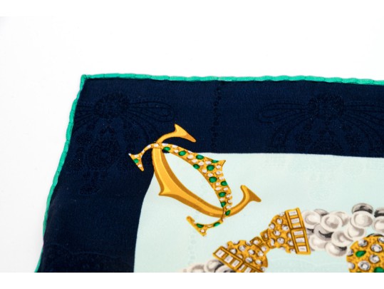 Les Must De Cartier Elegant Green And Blue Silk Panther And Jewelry Motif Scarf