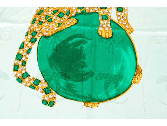 Les Must De Cartier Elegant Green And Blue Silk Panther And Jewelry Motif Scarf