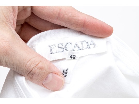Escada White T-shirt, Size 42, With Purple And Black Viscose Cardigan, Size 44