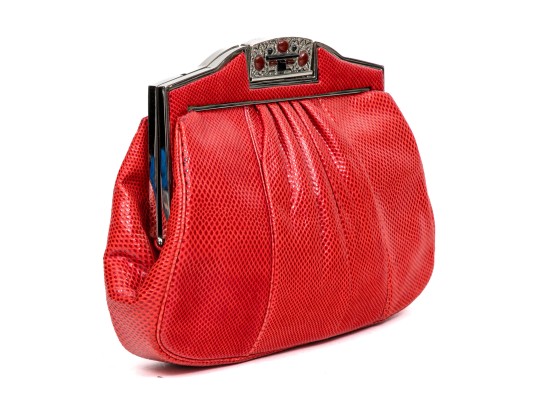 Judith Leiber Stunning Red Pleated Lizard Bejeweled Clutch/shoulder Bag