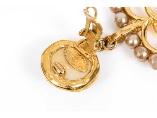 Chanel Faux Pearl Heart Form Pendant Clip Earrings