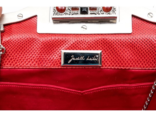 Judith Leiber Stunning Red Pleated Lizard Bejeweled Clutch/shoulder Bag
