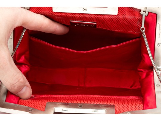 Judith Leiber Stunning Red Pleated Lizard Bejeweled Clutch/shoulder Bag