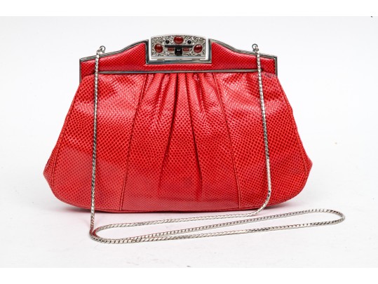 Judith Leiber Stunning Red Pleated Lizard Bejeweled Clutch/shoulder Bag