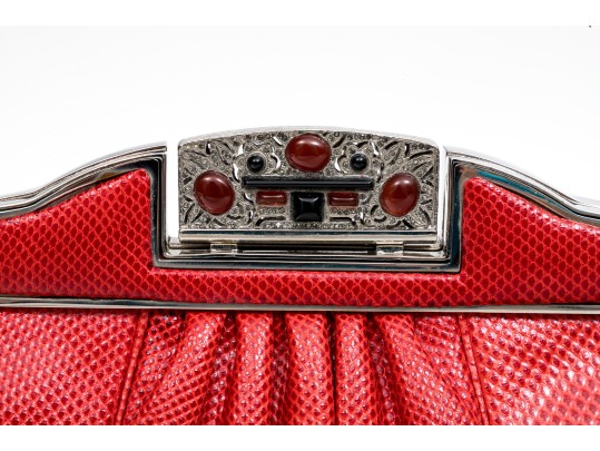 Judith Leiber Stunning Red Pleated Lizard Bejeweled Clutch/shoulder Bag