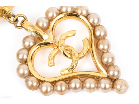 Chanel Faux Pearl Heart Form Pendant Clip Earrings