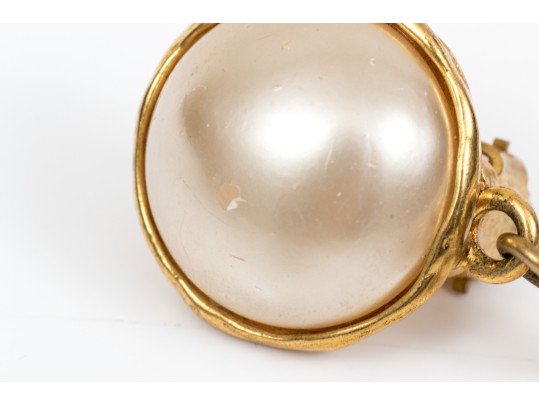 Chanel Faux Pearl Heart Form Pendant Clip Earrings