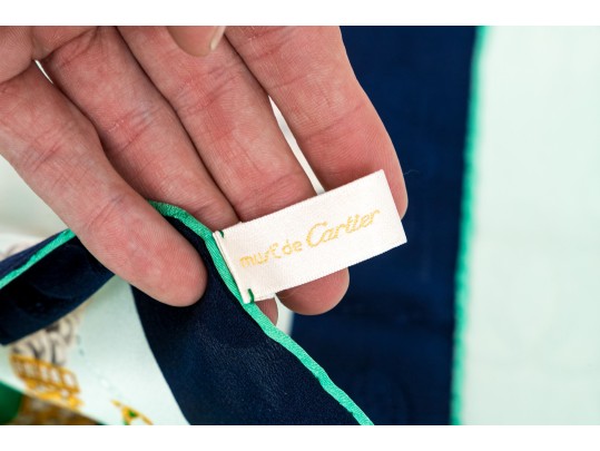 Les Must De Cartier Elegant Green And Blue Silk Panther And Jewelry Motif Scarf