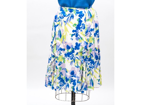 St. John Lovely Blue And Green Toned Knit And Silk Floral Three Piece Ensemble