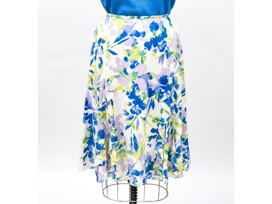 St. John Lovely Blue And Green Toned Knit And Silk Floral Three Piece Ensemble