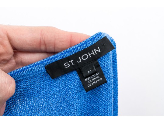 St. John Lovely Blue And Green Toned Knit And Silk Floral Three Piece Ensemble