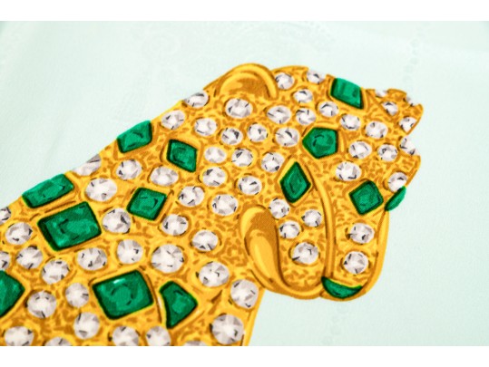 Les Must De Cartier Elegant Green And Blue Silk Panther And Jewelry Motif Scarf