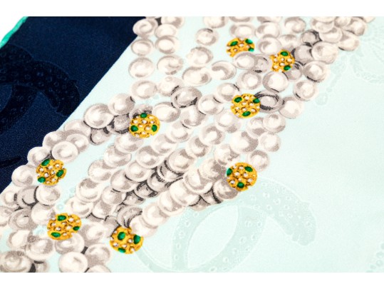 Les Must De Cartier Elegant Green And Blue Silk Panther And Jewelry Motif Scarf