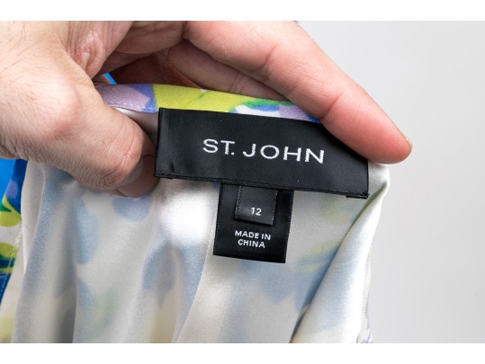 St. John Lovely Blue And Green Toned Knit And Silk Floral Three Piece Ensemble