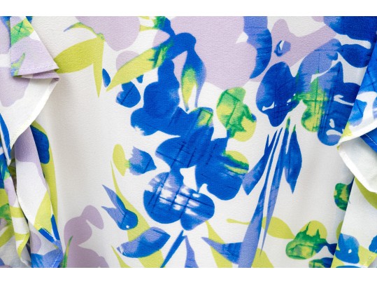 St. John Lovely Blue And Green Toned Knit And Silk Floral Three Piece Ensemble