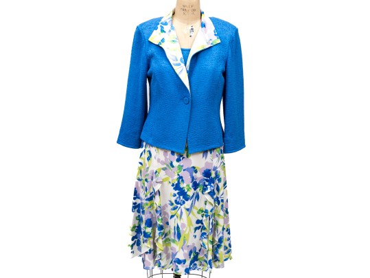 St. John Lovely Blue And Green Toned Knit And Silk Floral Three Piece Ensemble
