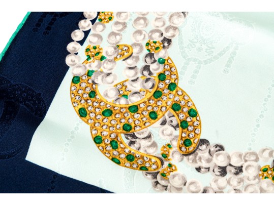 Les Must De Cartier Elegant Green And Blue Silk Panther And Jewelry Motif Scarf