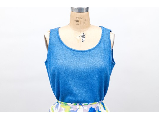 St. John Lovely Blue And Green Toned Knit And Silk Floral Three Piece Ensemble