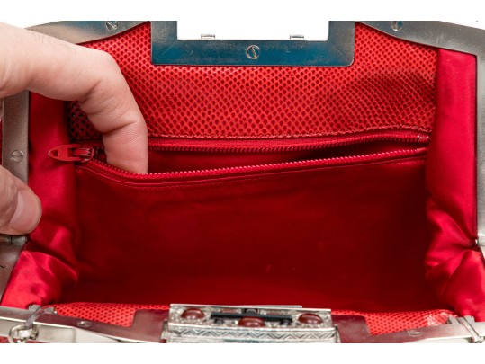 Judith Leiber Stunning Red Pleated Lizard Bejeweled Clutch/shoulder Bag