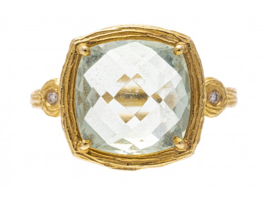 14k Yellow Gold Checkerboard Cushion Aquamarine Bark Finish Ring, Size 7.25