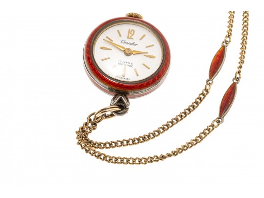 Stunning Burgundy Guilloche Enamel Pendant Watch And Chain, Sterling And Gold Filled